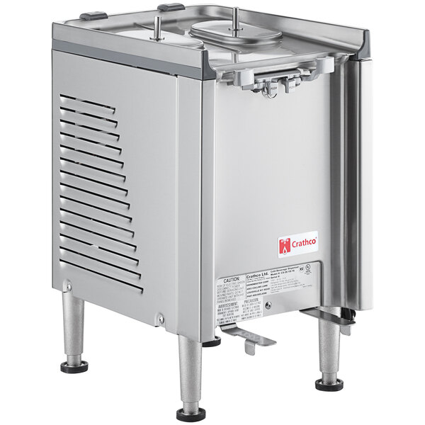 A stainless steel Crathco Mini-Twin cold beverage dispenser base with a lid.