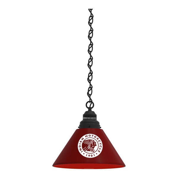 A black hanging light with a red Indian Motorcycle logo.