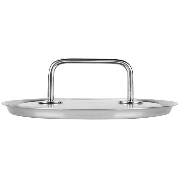 A silver stainless steel pan cover with a metal loop handle.