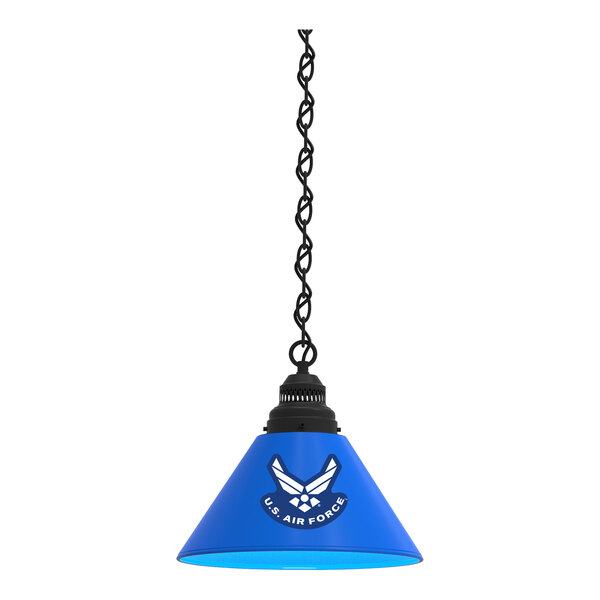 A blue pendant light with the United States Air Force logo on a white lamp shade hanging from a chain.