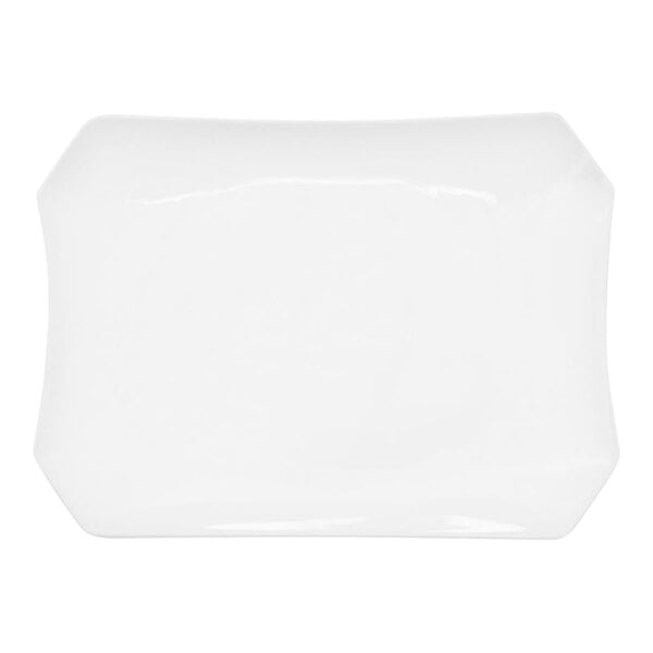 A bright white rectangular china platter with a curved edge.