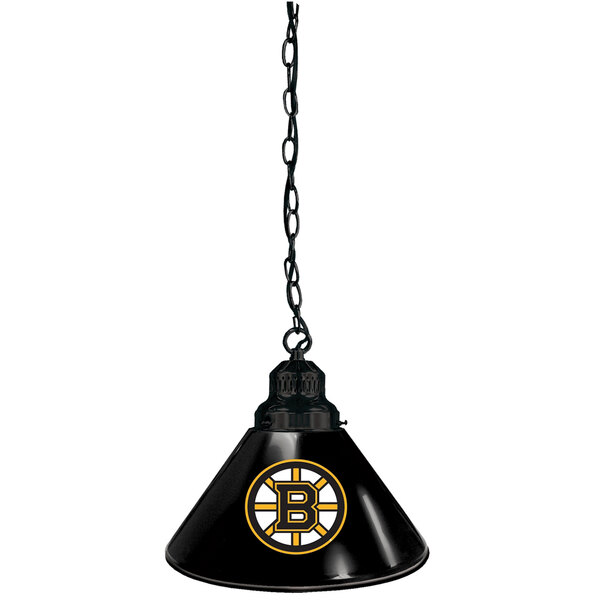 A black Holland Bar Stool pendant light with a yellow and black Boston Bruins logo.