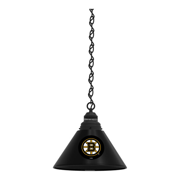 A black Holland Bar Stool pendant light with a Boston Bruins logo on it.