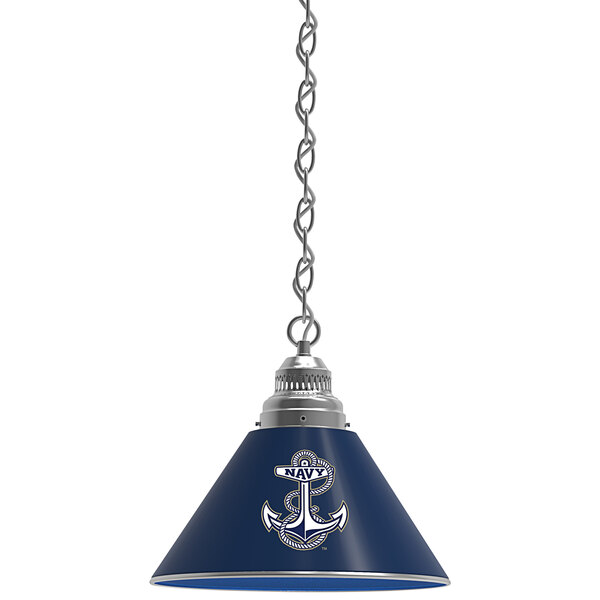 A blue and silver Holland Bar Stool pendant light with a United States Navy logo and anchor on the shade.