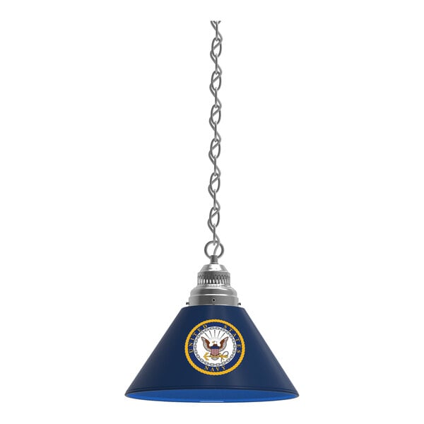 A chrome pendant light with a navy blue shade featuring the United States Navy logo.