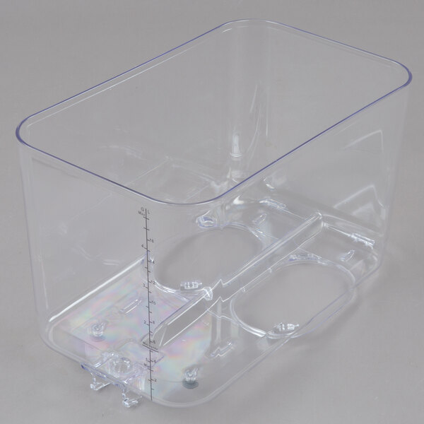 A clear plastic bowl with a handle and clear lid for a Crathco double beverage dispenser.