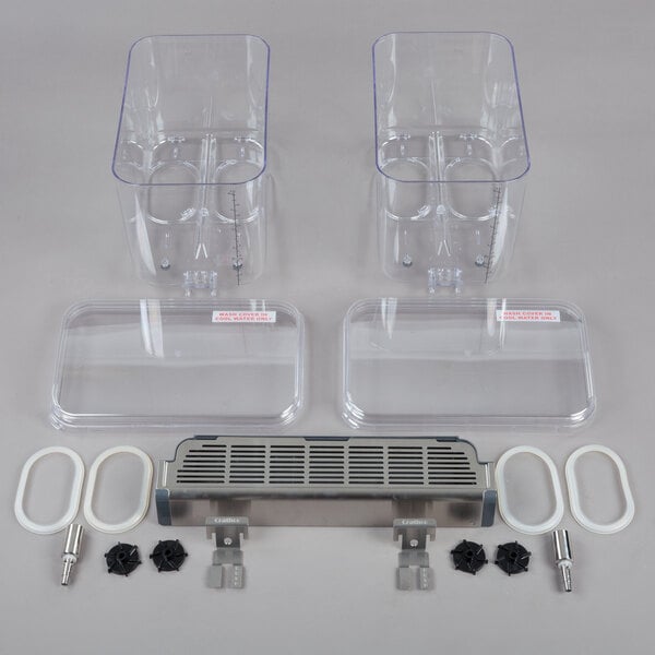 A white oval Crathco beverage dispenser bowl assembly with clear plastic containers and white rubber rings.