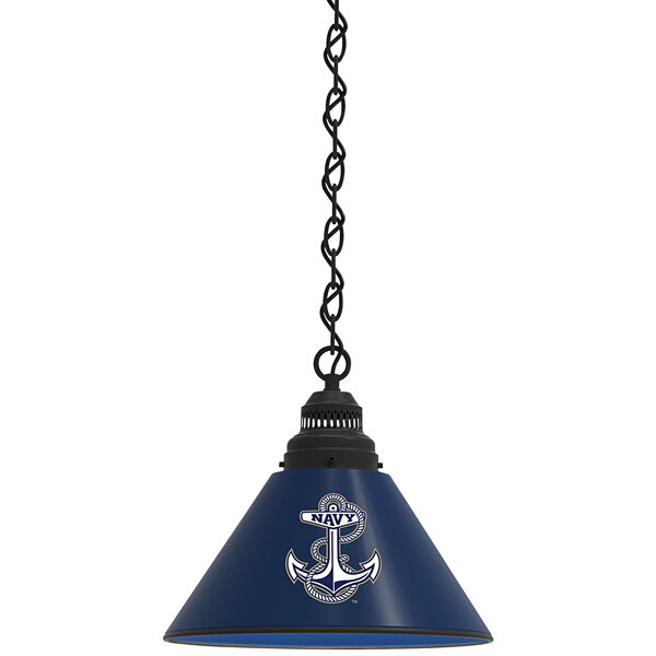 A black lamp shade with the United States Navy logo in blue and white.