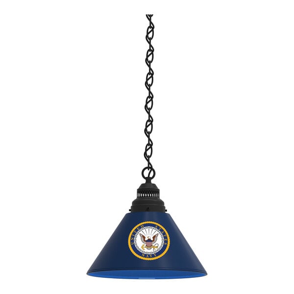 A black pendant light with a navy blue shade featuring a United States Navy logo hanging from a chain.