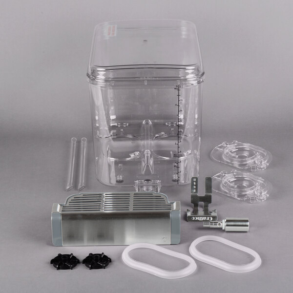 A clear plastic container with a clear lid for a Crathco beverage dispenser.
