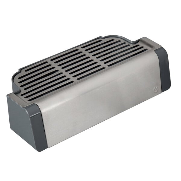 A grey rectangular metal bowl with a black lid.