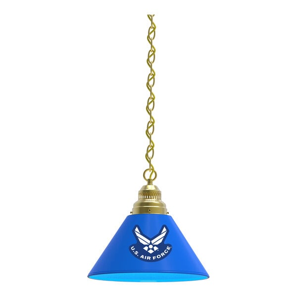 A blue and brass pendant light with the United States Air Force logo in white.