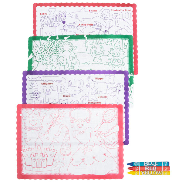 A white background with colorful Hoffmaster Kids Color Me Design Placemats with writing on them.