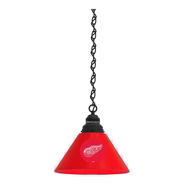 A black pendant light with a red Detroit Red Wings lamp shade featuring the team logo.