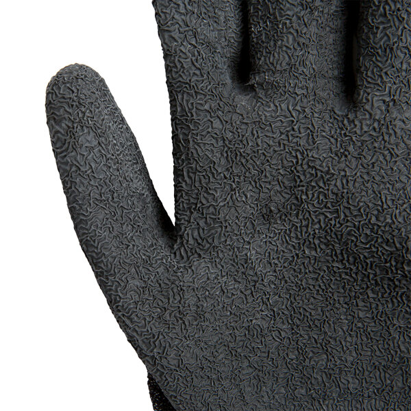 A close up of a medium Cordova Monarch black work glove with a black latex palm coating.