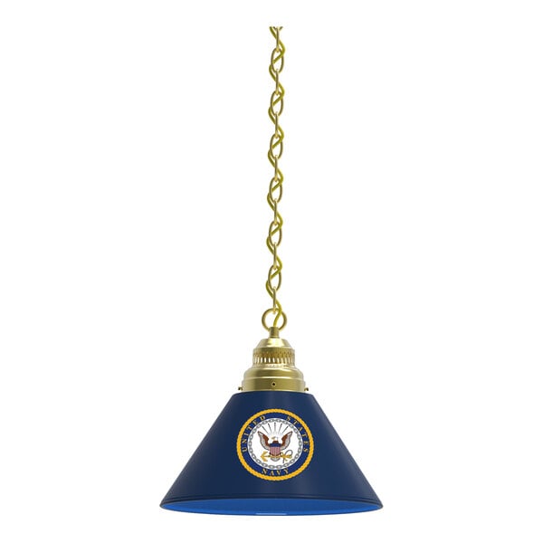 A brass pendant light with a navy blue lamp shade featuring a United States Navy logo.