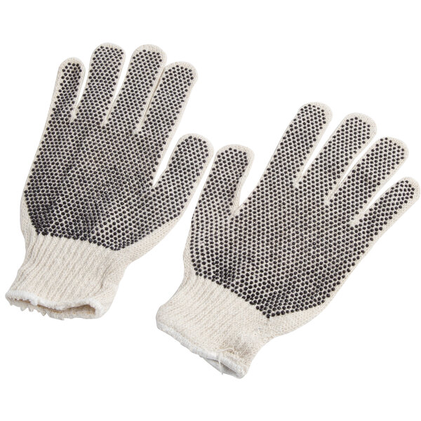 A close-up of a pair of Cordova work gloves with black dots on the palm.