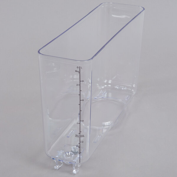 A clear plastic container for Crathco beverage dispensers with a measuring line.