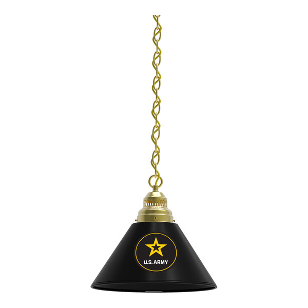 A black pendant light with a gold United States Army star on it.