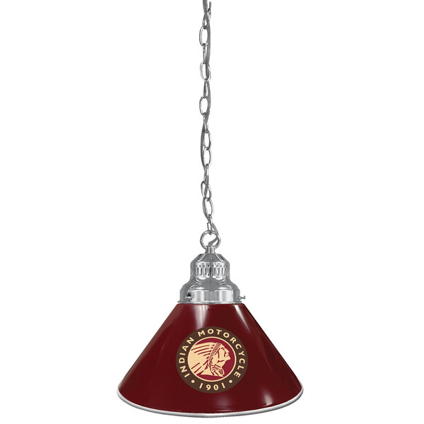 A red and white pendant light with a metal chain featuring an Indian Motorcycle logo.