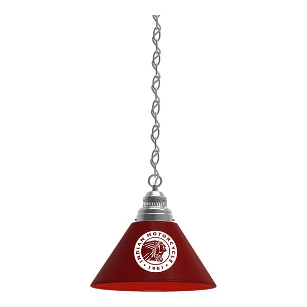 A red and silver hanging lamp with a Indian Motorcycle logo on the shade.