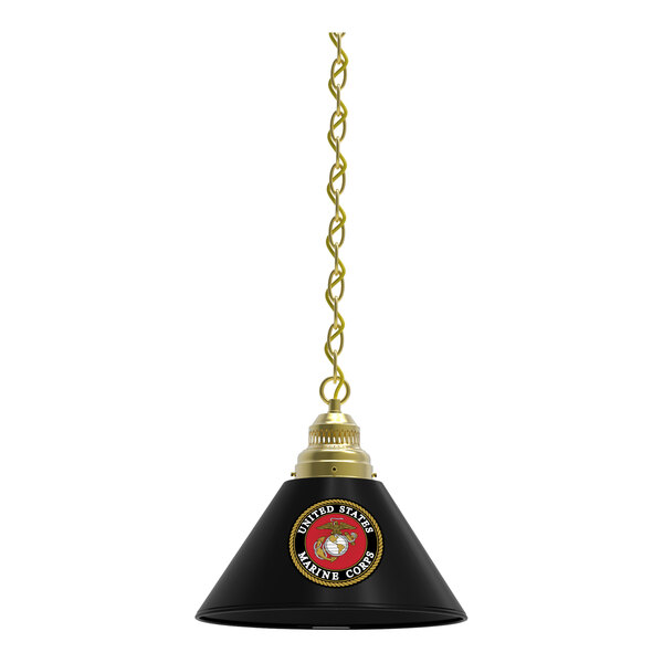 A black lamp with a brass chain featuring a United States Marine Corps logo.