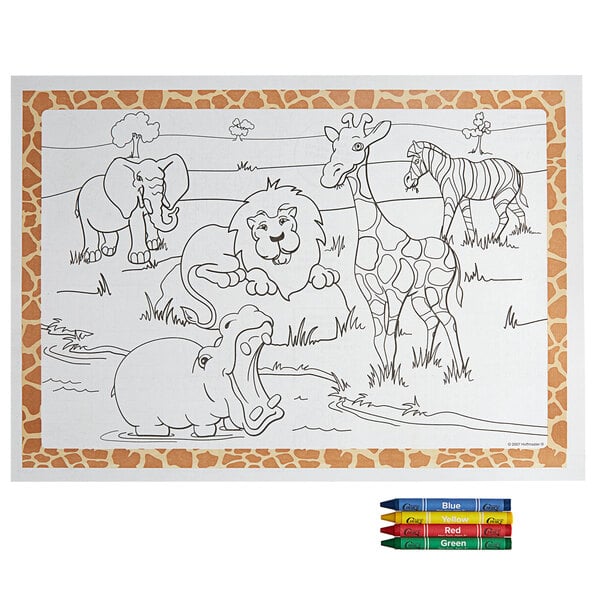 A stack of Hoffmaster Kids Jungle Fun Design Placemats with a coloring page of animals and a giraffe.