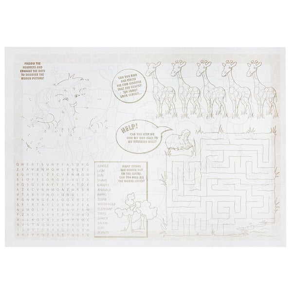 A white Hoffmaster placemat with a jungle maze featuring giraffes and a lion.