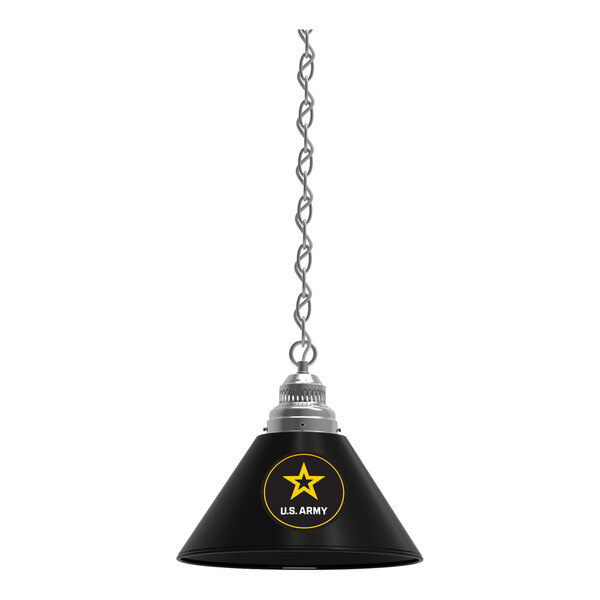 A black Holland Bar Stool lamp with a yellow star with the United States Army logo on it.