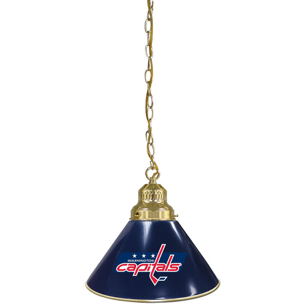 A blue lamp with the Washington Capitals logo on a gold shade.