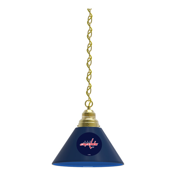 A blue and gold pendant light with the Washington Capitals logo on the shade.
