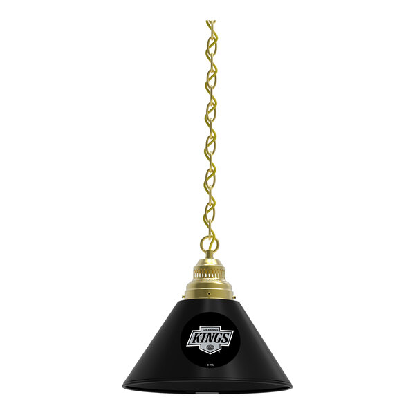 A black Holland Bar Stool pendant light with the Los Angeles Kings logo on a gold lamp shade.