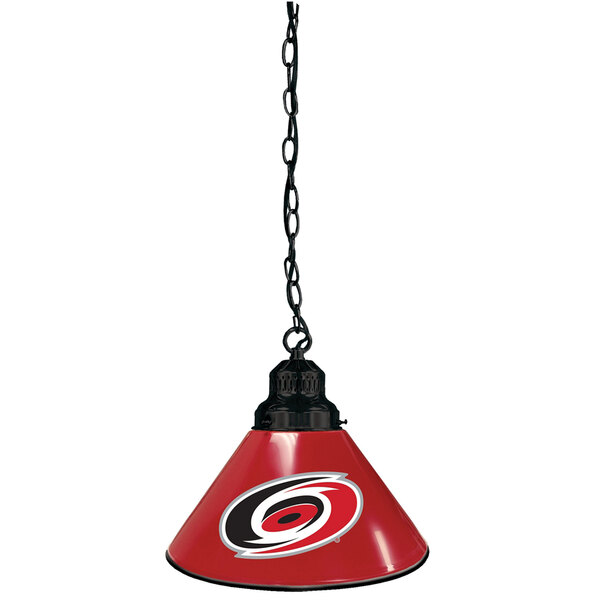 A black pendant light with the Carolina Hurricanes logo in red and black.