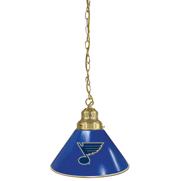 A blue and gold Holland Bar Stool pendant light with the St. Louis Blues logo.