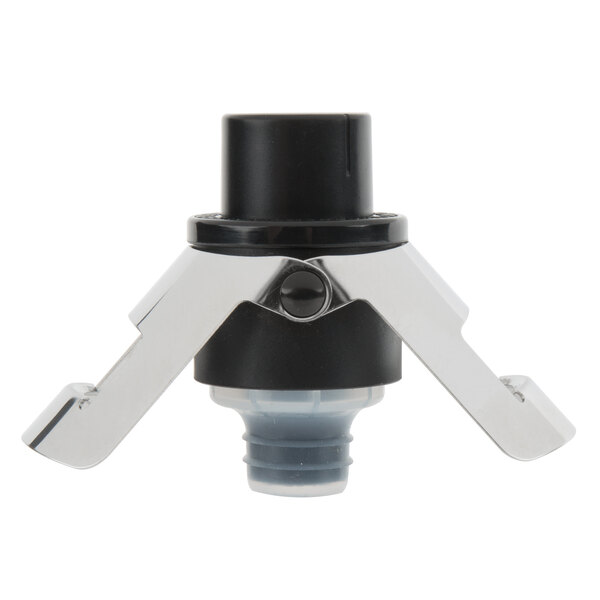 A black and silver Franmara ABS plastic champagne bottle stopper.