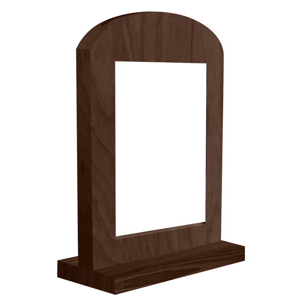 A walnut wood menu tent with a straight base.