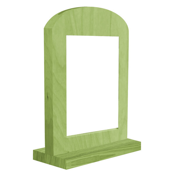 A green wood arched menu tent with a white frame.