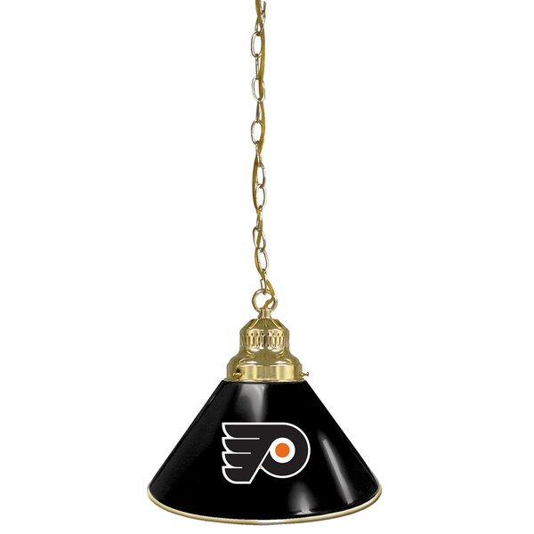 A brass pendant light with the Philadelphia Flyers logo on the shade.