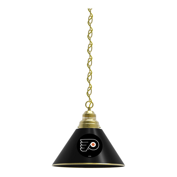 A black and gold pendant light with the Philadelphia Flyers logo on it.