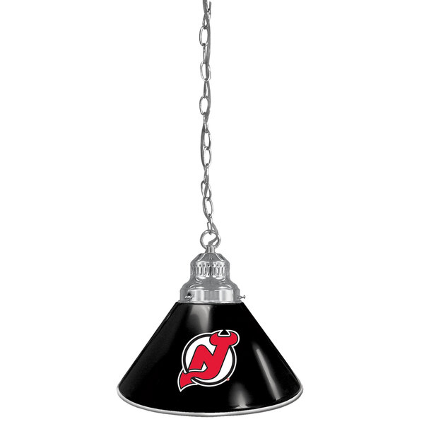 A black and silver pendant light with a red New Jersey Devils logo.