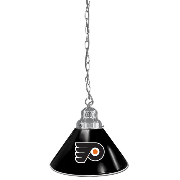 A black and silver Holland Bar Stool Philadelphia Flyers pendant light with the team logo on a white lamp shade.