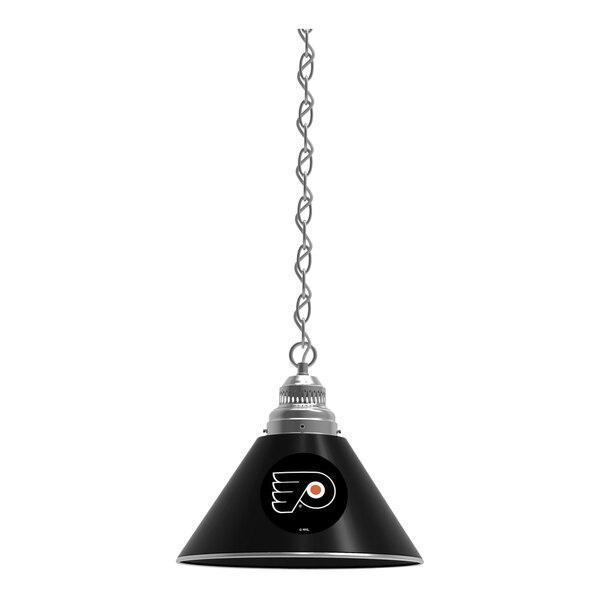 A black and silver pendant light with the Philadelphia Flyers logo.