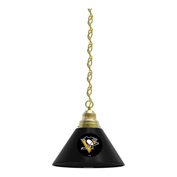 A black pendant light with the Pittsburgh Penguins logo on it and a gold chain.
