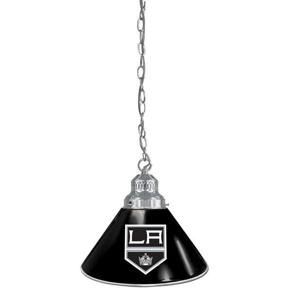 A black and silver pendant light with the Los Angeles Kings logo on it.