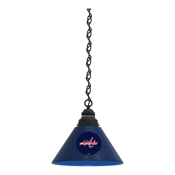 A black and blue pendant light with the Washington Capitals logo on it.