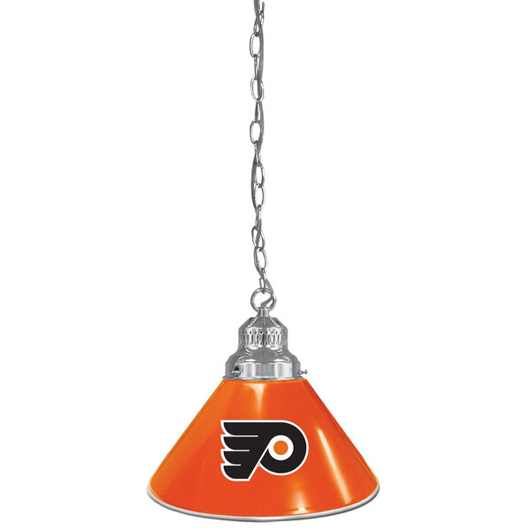 A chain pendant light with a cone-shaped orange lamp shade featuring the Philadelphia Flyers logo.