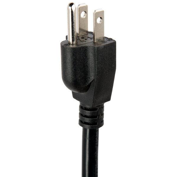 A black power cord with a white plug and silver tips for an Avantco strip warmer.