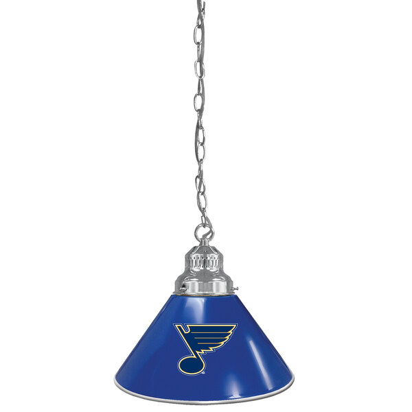 A blue lampshade with a St. Louis Blues logo hanging from a chain with chrome accents.