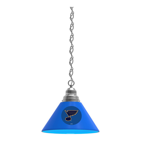 A blue and silver Holland Bar Stool St. Louis Blues 1-light pendant with a logo on the shade.
