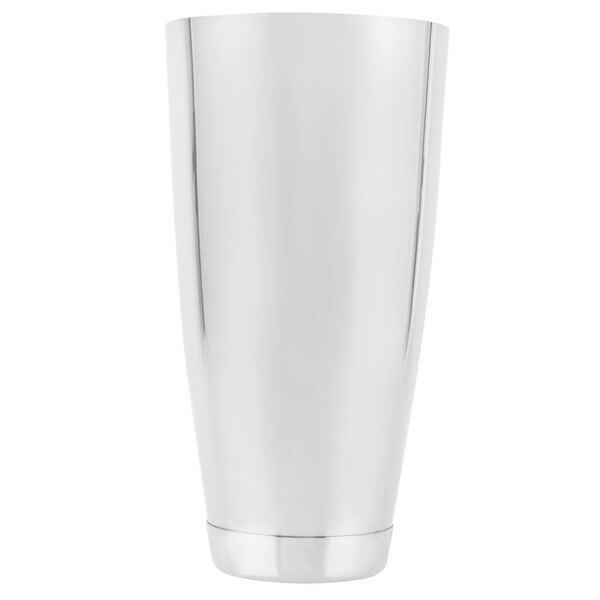 A silver stainless steel Vollrath cocktail shaker tin.